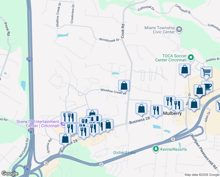 map of restaurants, bars, coffee shops, grocery stores, and more near 5987 Meadow Creek Drive in Milford