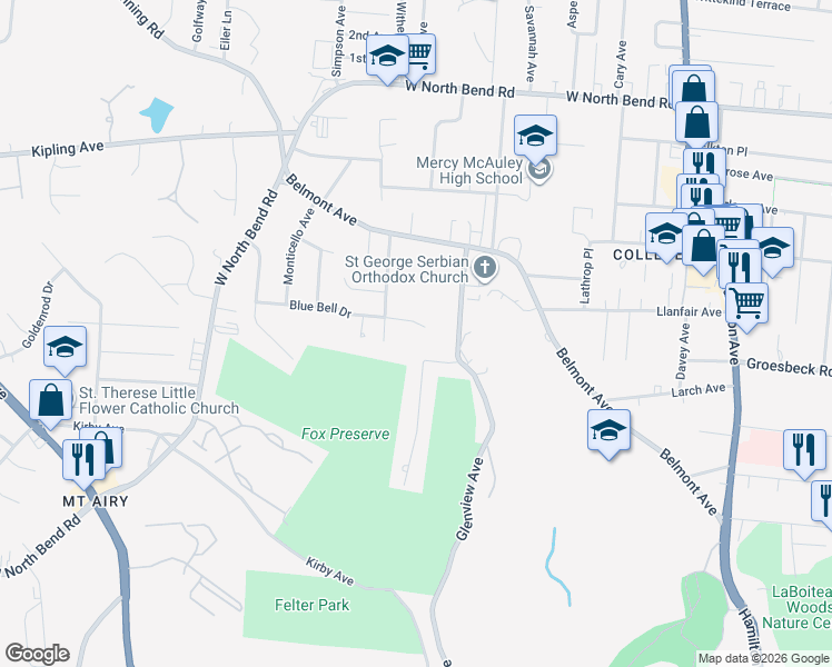 map of restaurants, bars, coffee shops, grocery stores, and more near 1915 Blue Bell Drive in Cincinnati