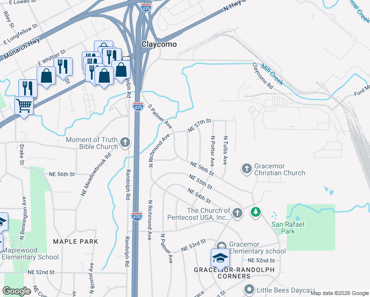map of restaurants, bars, coffee shops, grocery stores, and more near 5618 North Manchester Avenue in Kansas City