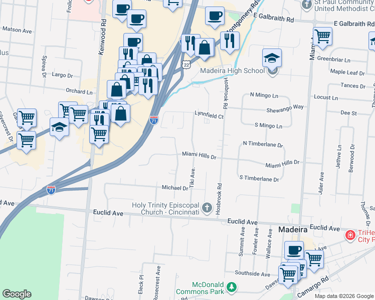 map of restaurants, bars, coffee shops, grocery stores, and more near 7488 Tiki Drive in Cincinnati