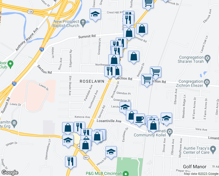 map of restaurants, bars, coffee shops, grocery stores, and more near 7340 Reading Road in Cincinnati