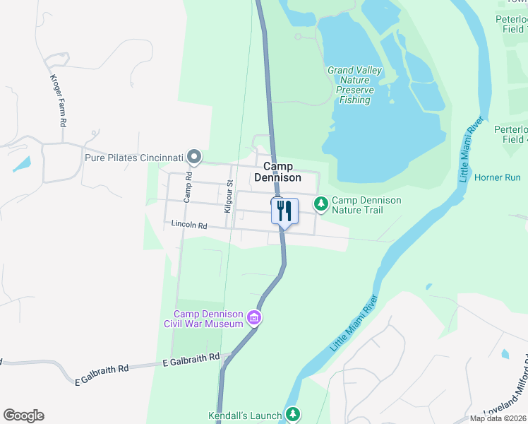 map of restaurants, bars, coffee shops, grocery stores, and more near in Camp Dennison