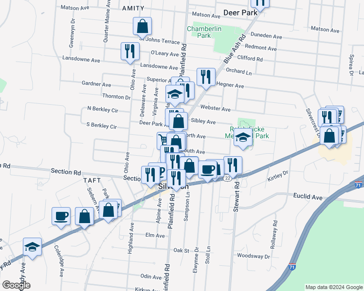 map of restaurants, bars, coffee shops, grocery stores, and more near 7011 Plainfield Road in Cincinnati