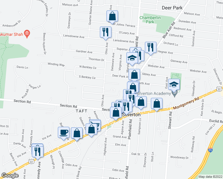 map of restaurants, bars, coffee shops, grocery stores, and more near 7008 Ohio Avenue in Cincinnati