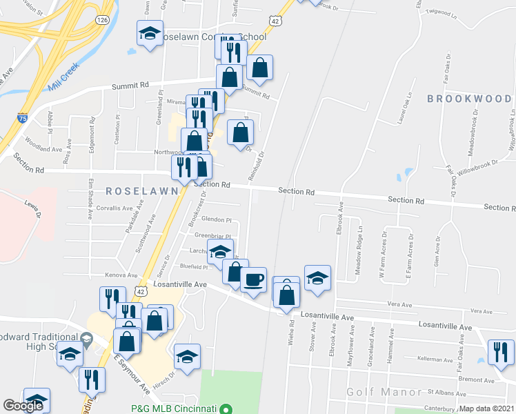 map of restaurants, bars, coffee shops, grocery stores, and more near 1969 Section Road in Cincinnati