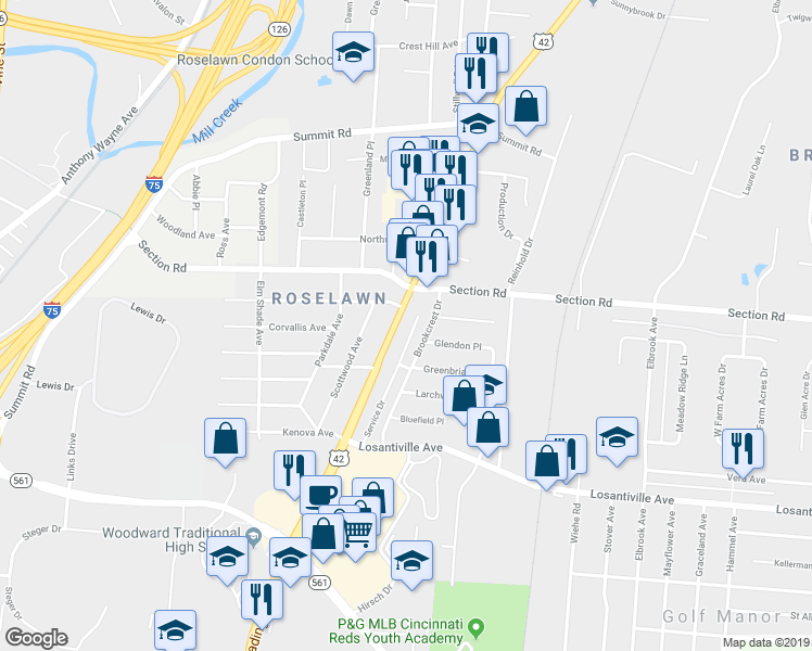 map of restaurants, bars, coffee shops, grocery stores, and more near 7348 Reading Road in Cincinnati