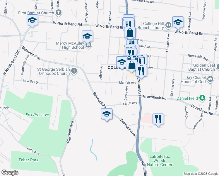 map of restaurants, bars, coffee shops, grocery stores, and more near 5758 Nahant Avenue in Cincinnati