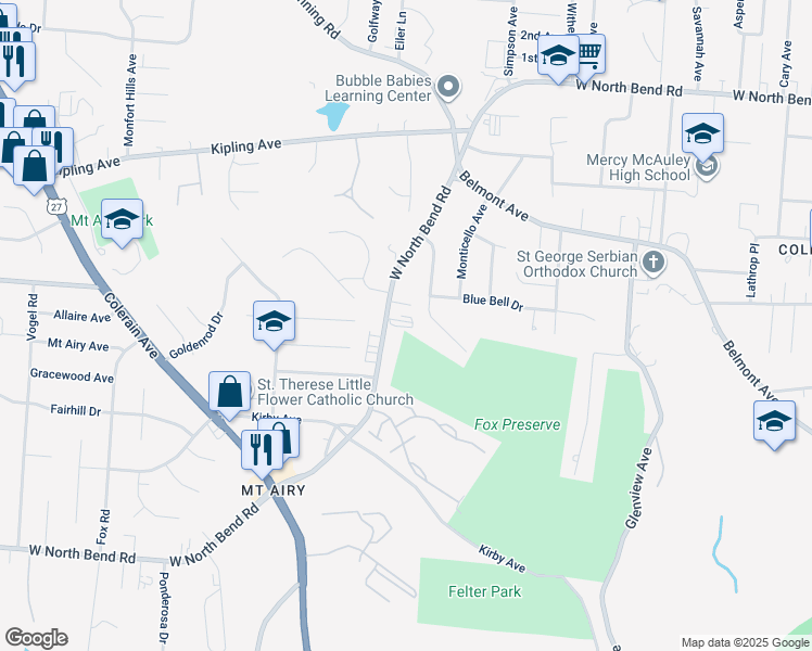 map of restaurants, bars, coffee shops, grocery stores, and more near 2345 West North Bend Road in Cincinnati