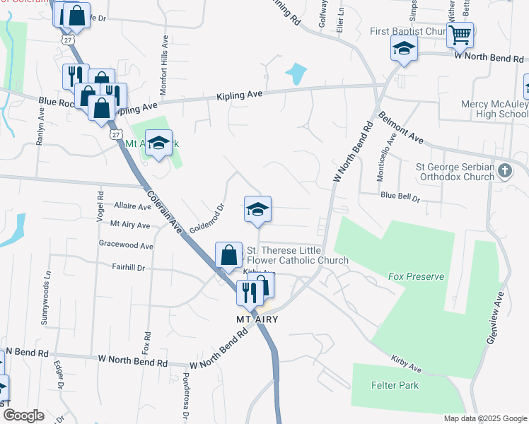 map of restaurants, bars, coffee shops, grocery stores, and more near 2379 Whitewood Lane in Cincinnati