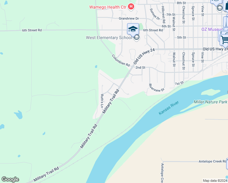 map of restaurants, bars, coffee shops, grocery stores, and more near Military Trail Road in Wamego