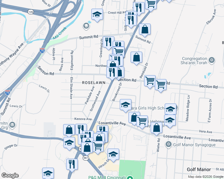 map of restaurants, bars, coffee shops, grocery stores, and more near 7348 Reading Road in Cincinnati
