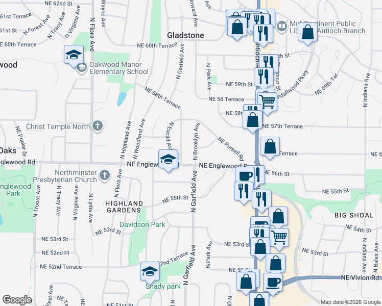 map of restaurants, bars, coffee shops, grocery stores, and more near 5610 North Brooklyn Avenue in Kansas City