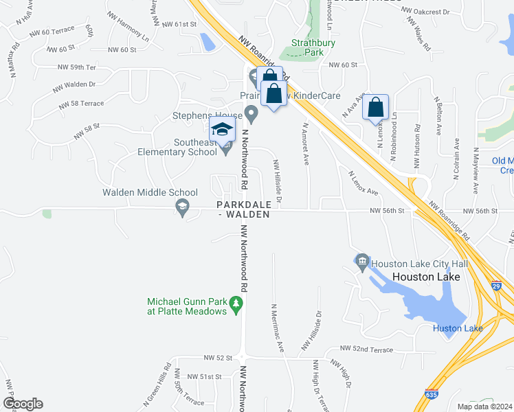 map of restaurants, bars, coffee shops, grocery stores, and more near 4304 Northwest 56th Street in Kansas City