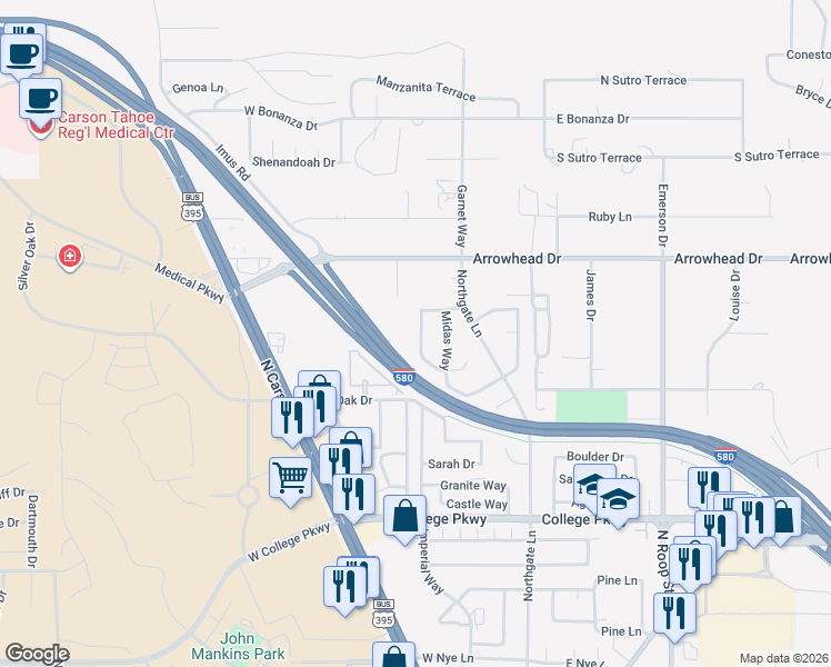 map of restaurants, bars, coffee shops, grocery stores, and more near 4248 Mina Way in Carson City
