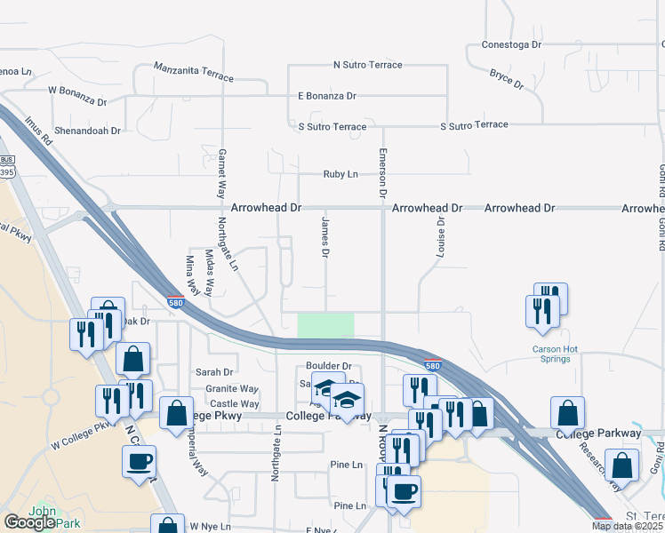map of restaurants, bars, coffee shops, grocery stores, and more near 4201 James Drive in Carson City
