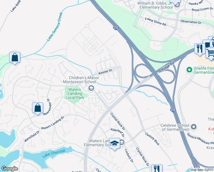 map of restaurants, bars, coffee shops, grocery stores, and more near 20502 Golf Course Drive in Germantown