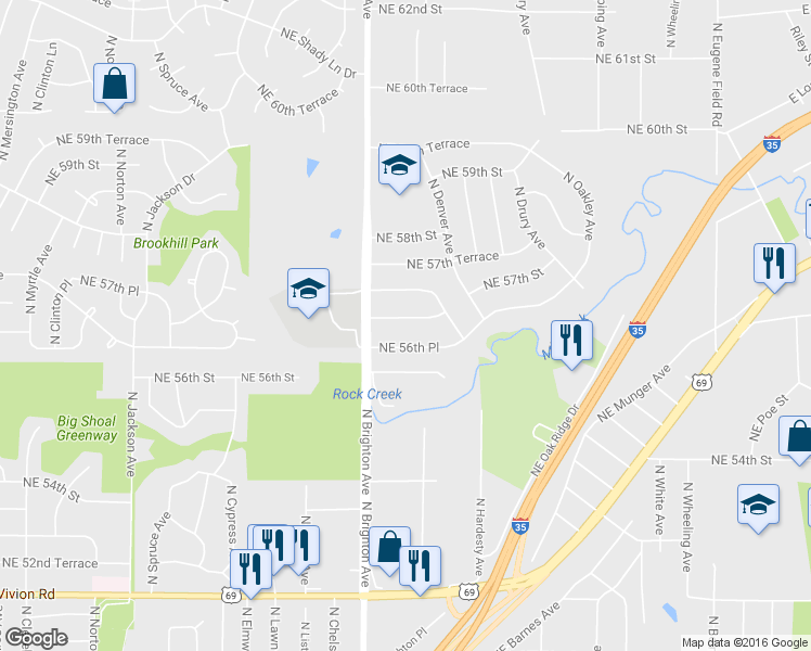 map of restaurants, bars, coffee shops, grocery stores, and more near 5025 Northeast 56th Terrace in Kansas City