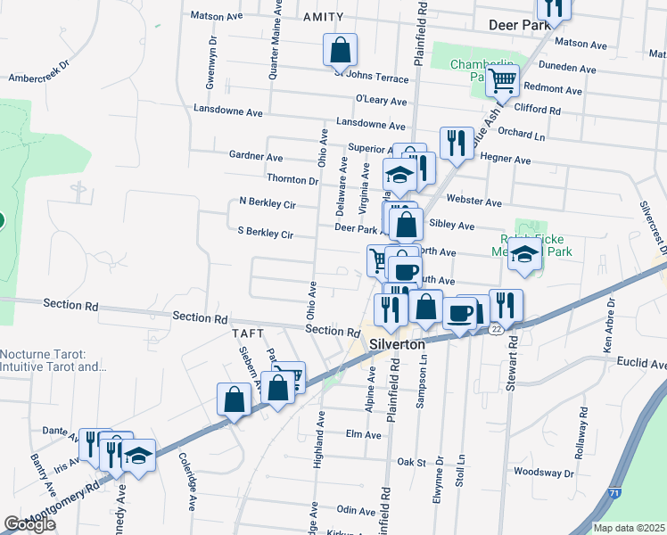 map of restaurants, bars, coffee shops, grocery stores, and more near 7008 Ohio Avenue in Cincinnati