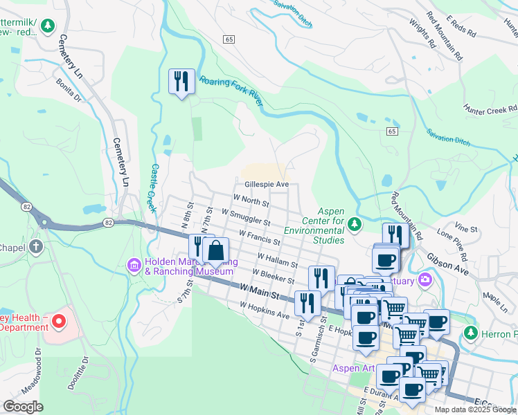 map of restaurants, bars, coffee shops, grocery stores, and more near 517 West North Street in Aspen
