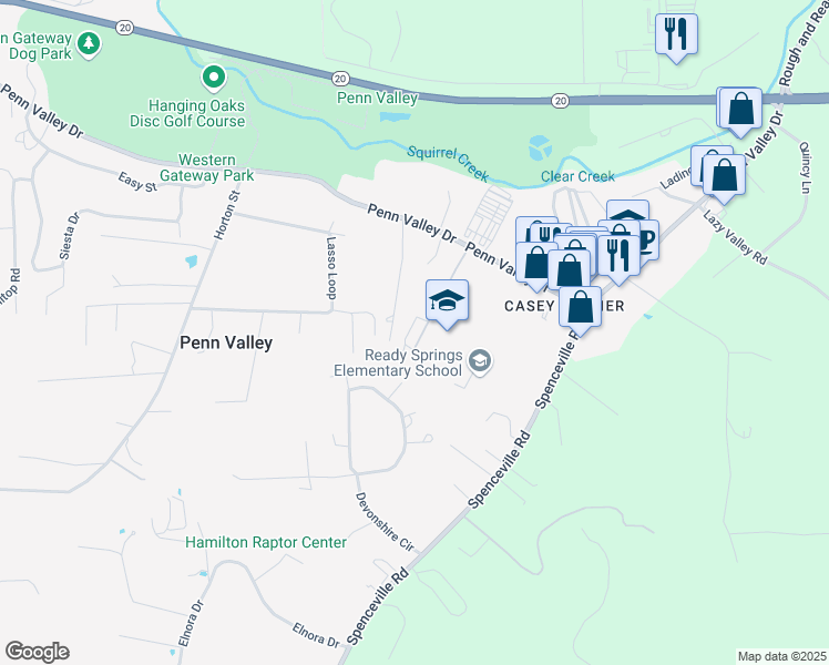 map of restaurants, bars, coffee shops, grocery stores, and more near 10528 Broken Oak Court in Penn Valley