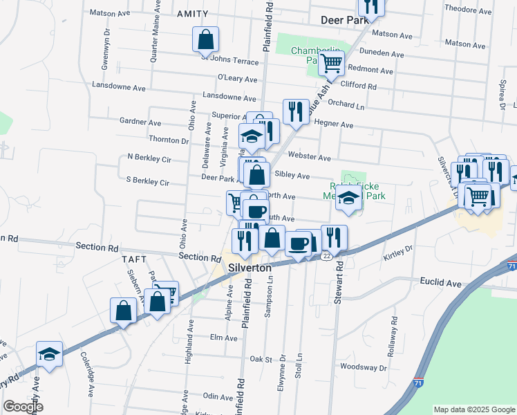 map of restaurants, bars, coffee shops, grocery stores, and more near 7011 Plainfield Road in Cincinnati
