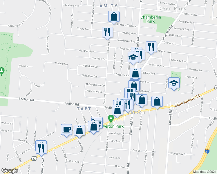 map of restaurants, bars, coffee shops, grocery stores, and more near 7008 Ohio Avenue in Cincinnati