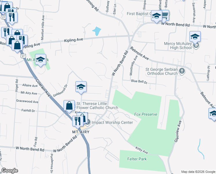map of restaurants, bars, coffee shops, grocery stores, and more near 2324 Whitewood Lane in Cincinnati