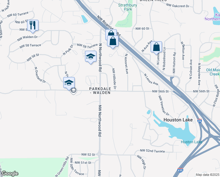 map of restaurants, bars, coffee shops, grocery stores, and more near 5607 North Strathbury Avenue in Kansas City