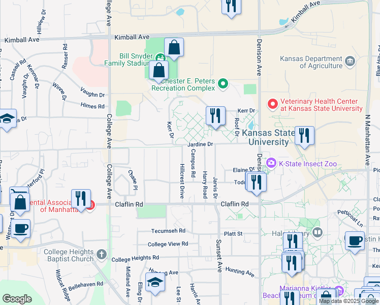 map of restaurants, bars, coffee shops, grocery stores, and more near 1544 Campus Road in Manhattan