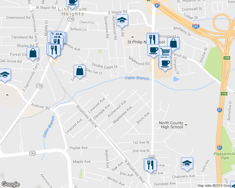 map of restaurants, bars, coffee shops, grocery stores, and more near 456 Glendale Avenue in Glen Burnie