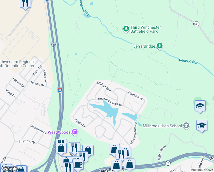 map of restaurants, bars, coffee shops, grocery stores, and more near 204 Artifact Avenue in Winchester