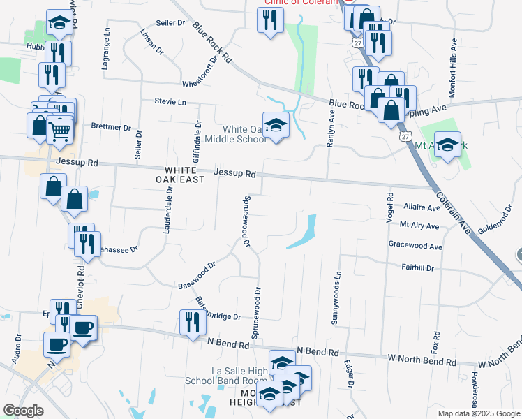map of restaurants, bars, coffee shops, grocery stores, and more near 3132 Locust Log Lane in Cincinnati