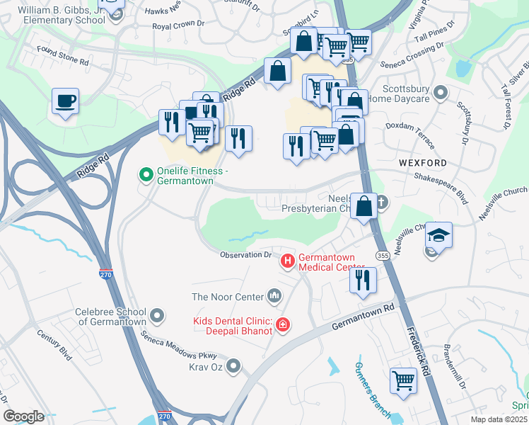 map of restaurants, bars, coffee shops, grocery stores, and more near 12020 Amber Ridge Circle in Germantown