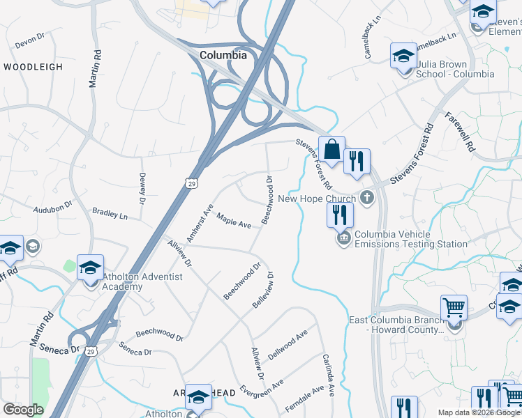 map of restaurants, bars, coffee shops, grocery stores, and more near 10001 Hackberry Lane in Columbia