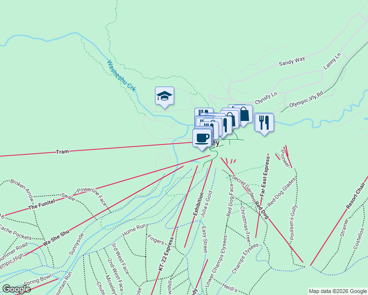 map of restaurants, bars, coffee shops, grocery stores, and more near 201 Squaw Peak Road in Olympic Valley