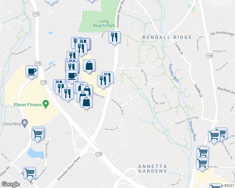 map of restaurants, bars, coffee shops, grocery stores, and more near 6252 Wild Swan Way in Columbia