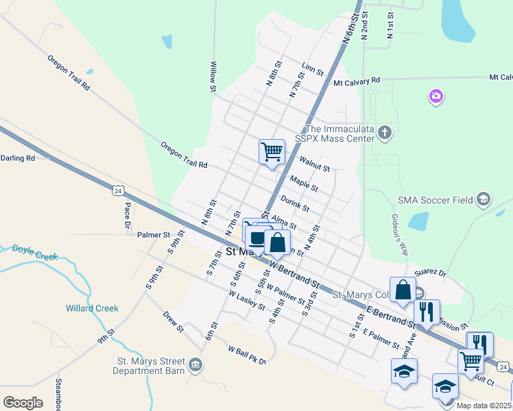 map of restaurants, bars, coffee shops, grocery stores, and more near 607 Alma Street in Saint Marys