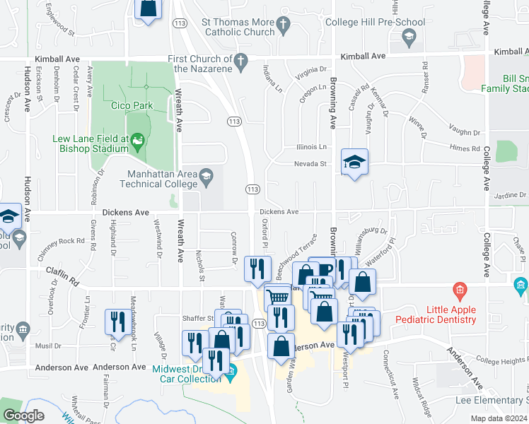 map of restaurants, bars, coffee shops, grocery stores, and more near 1501 Oxford Place in Manhattan