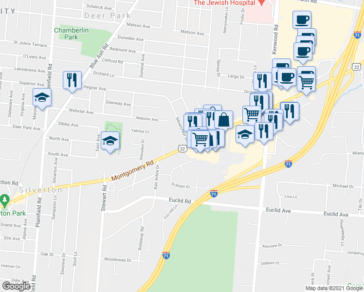 map of restaurants, bars, coffee shops, grocery stores, and more near 7643 Montgomery Road in Cincinnati