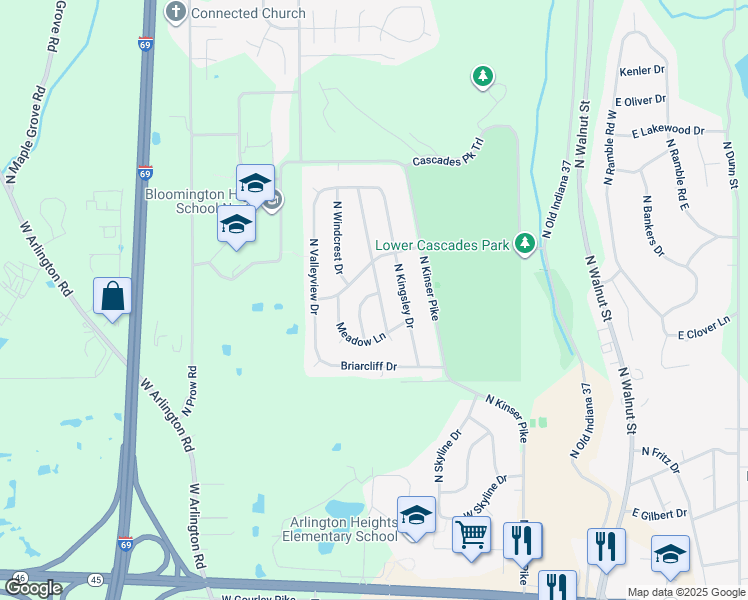 map of restaurants, bars, coffee shops, grocery stores, and more near 3272 North O Brien Place in Bloomington