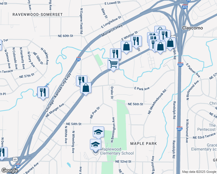 map of restaurants, bars, coffee shops, grocery stores, and more near 111 East Park Avenue in Kansas City