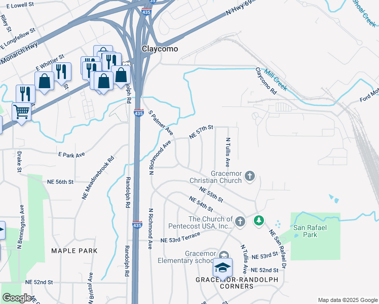 map of restaurants, bars, coffee shops, grocery stores, and more near 5600 North Manchester Avenue in Kansas City
