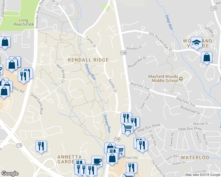 map of restaurants, bars, coffee shops, grocery stores, and more near 6305 Distant Rock Path in Columbia