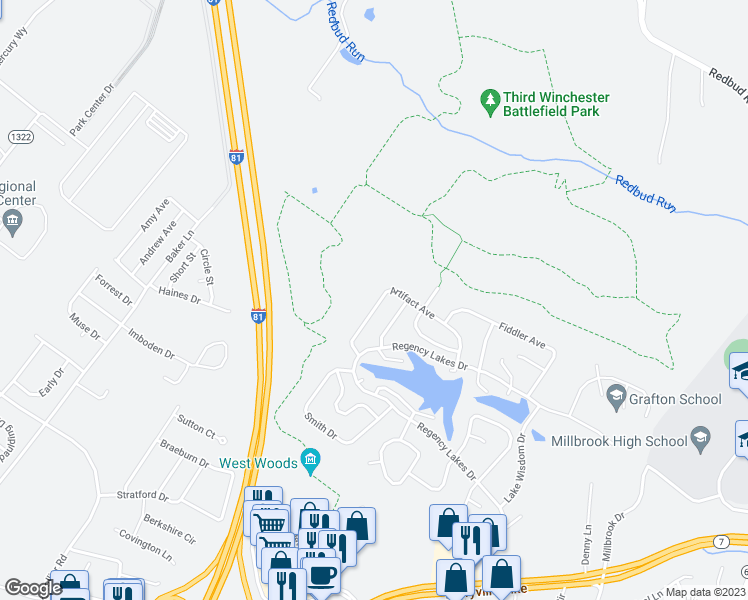 map of restaurants, bars, coffee shops, grocery stores, and more near 228 Artifact Avenue in Winchester
