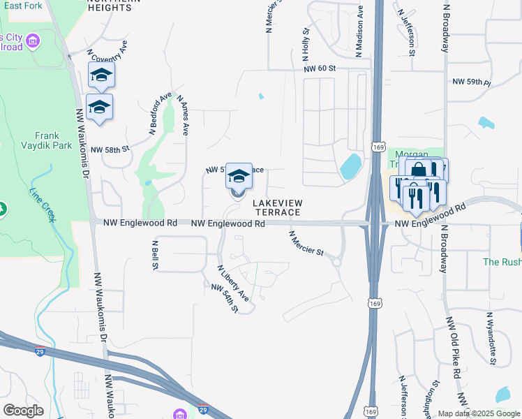 map of restaurants, bars, coffee shops, grocery stores, and more near 5612 North Mercier Street in Kansas City
