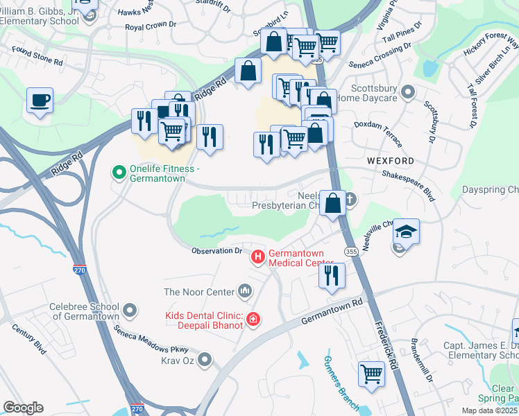 map of restaurants, bars, coffee shops, grocery stores, and more near 12004 Amber Ridge Circle in Germantown