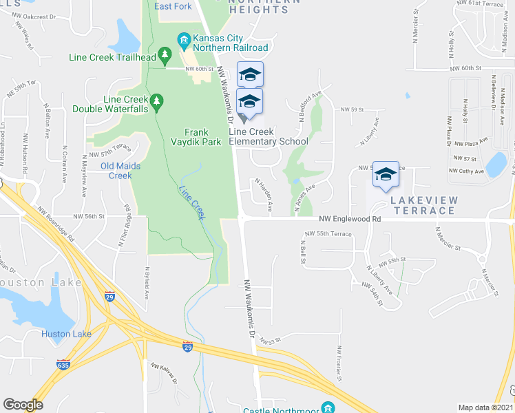 map of restaurants, bars, coffee shops, grocery stores, and more near 2215 Northwest 56th Terrace in Kansas City
