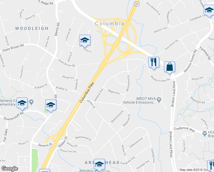 map of restaurants, bars, coffee shops, grocery stores, and more near 10030 Maple Avenue in Columbia