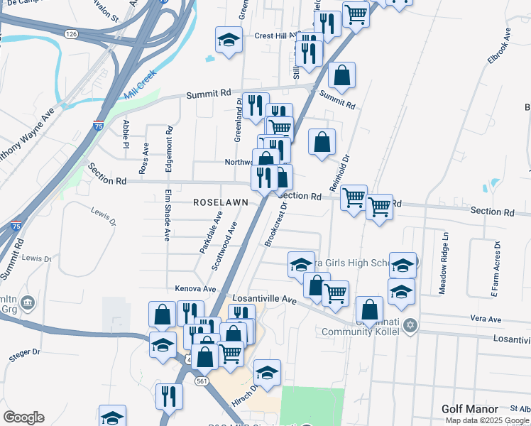 map of restaurants, bars, coffee shops, grocery stores, and more near 7348 Reading Road in Cincinnati