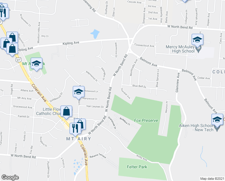 map of restaurants, bars, coffee shops, grocery stores, and more near 2345 West North Bend Road in Cincinnati